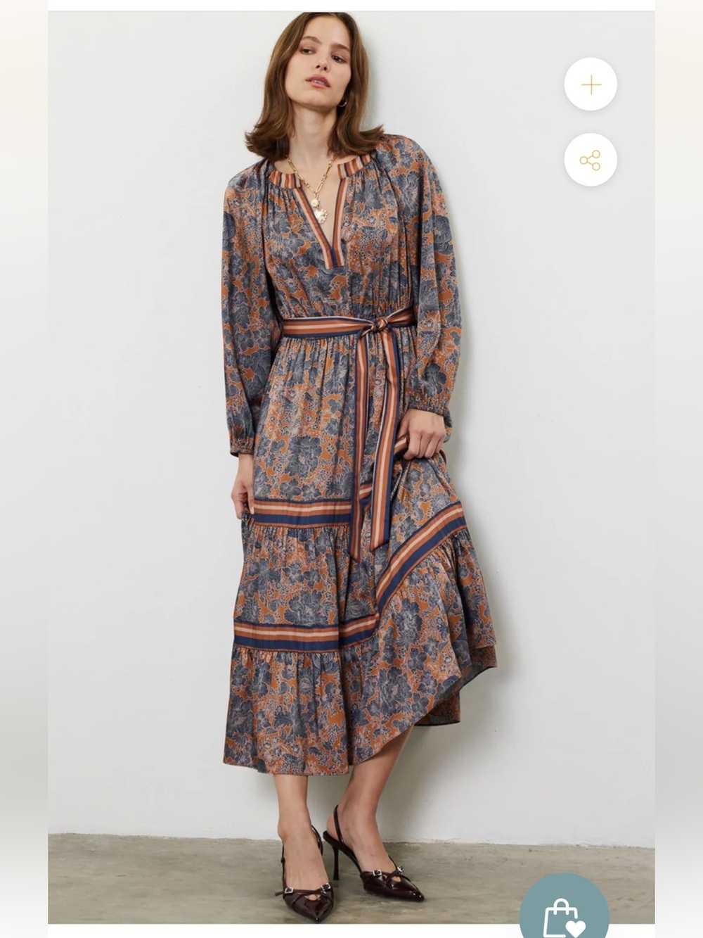 NWT Current Air Autumn Bloom Brown/Navy Print MIDI Long Sleeve Tie Dress MED